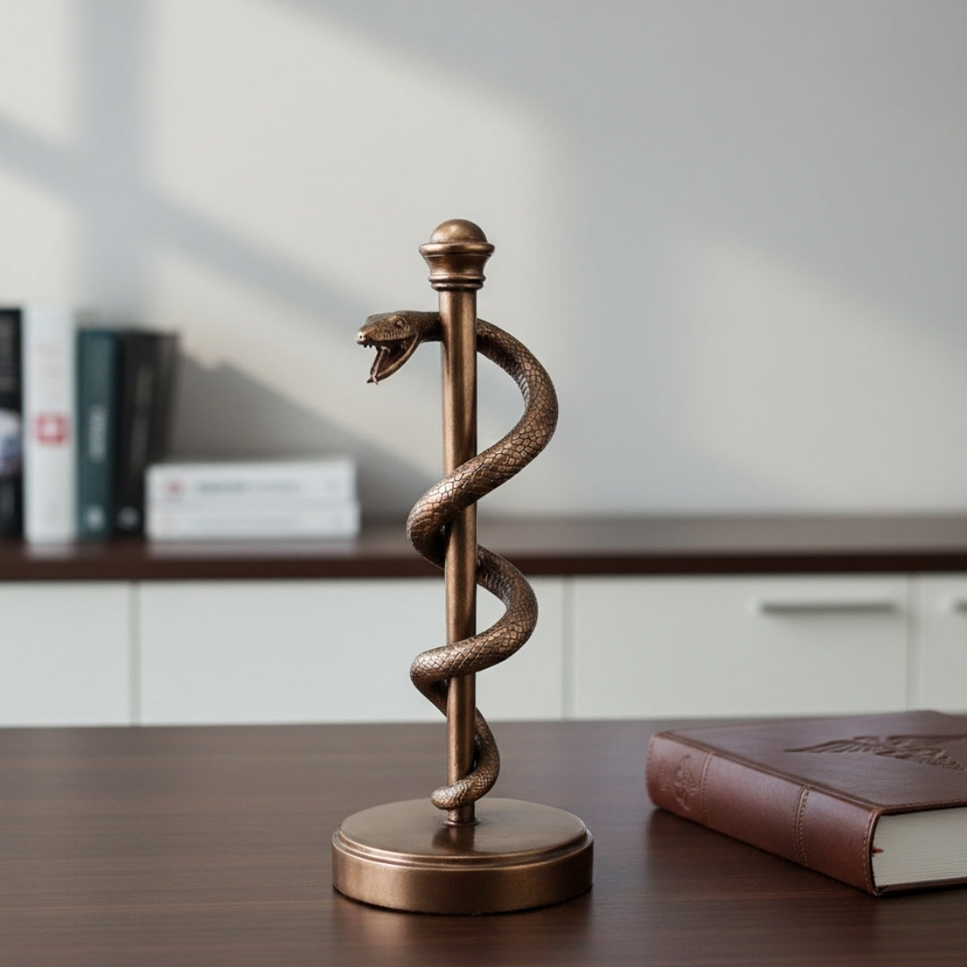 Figúrka Aeskulapovej palice 30 cm zo živice - personalizovaný darček pre lekára, zdravotnú sestru alebo farmaceuta - hnedá/mosadzná dekorácia s gravírovaním