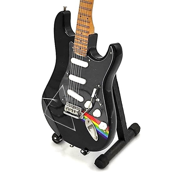 Mini gitara Pink Floyd z mahagónového dreva, ručne vyrobená, 27,5 cm, možnosť personalizácie gravírovaním, ideálny darček pre fanúšikov hudby