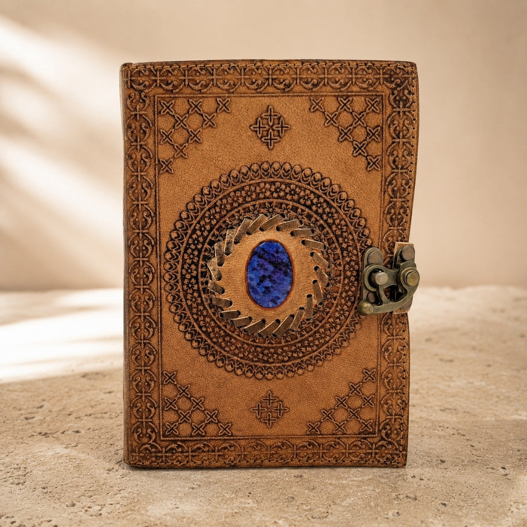 Retro kožený zápisník s kameňom - personalizovaný zápisník s gravírovaním - byvolia koža, hnedý, 18x13 cm