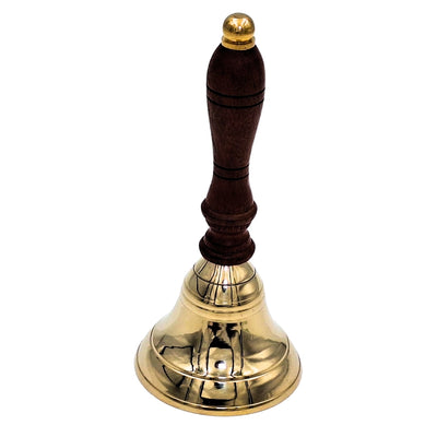 Dzwonek Ręczny Mosiężny z Drewnianą Rączką w Stylu Retro – Personalizowany Grawer, Idealny na Prezent – Wysokość 16 cm, Średnica 7,5 cm, Złoty i Brązowy