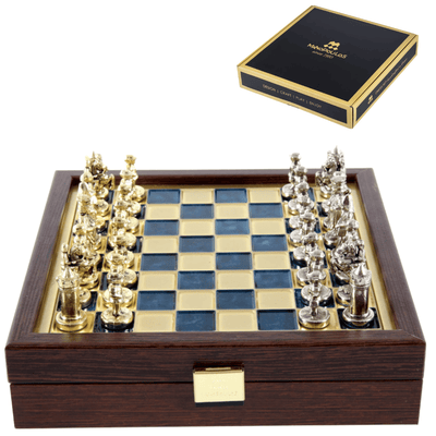 Elegantné prémiové mosadzné šachy 20x20cm Byzancia s personalizovaným gravírovaním - ideálny darček pre šachistu a milovníka histórie - ručne vyrobené figúrky v zlatej a striebornej povrchovej úprave
