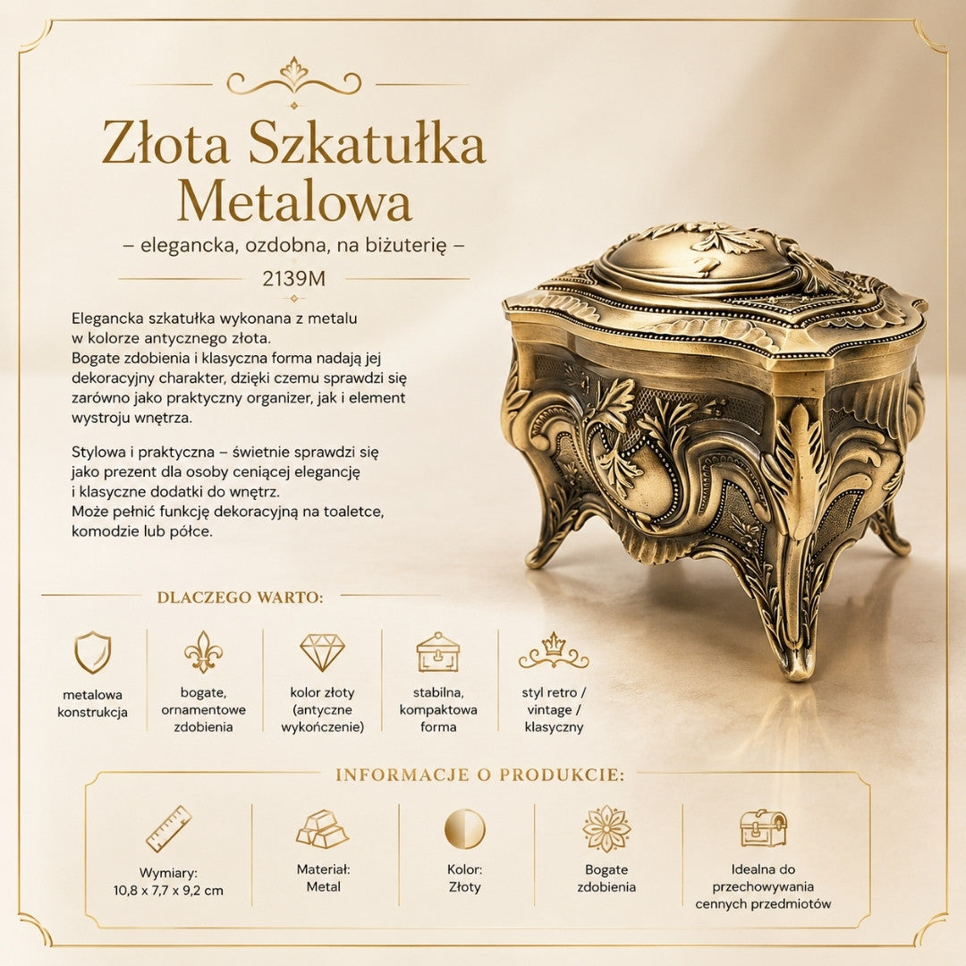 Zlatá kovová retro šperkovnica s možnosťou personalizácie gravírovaním - elegantná a bohato zdobená, ideálna ako darček - rozmery: 10,8 x 7,7 x 9,2 cm, masívna a pôsobivá, výborná na uchovávanie cenných predmetov