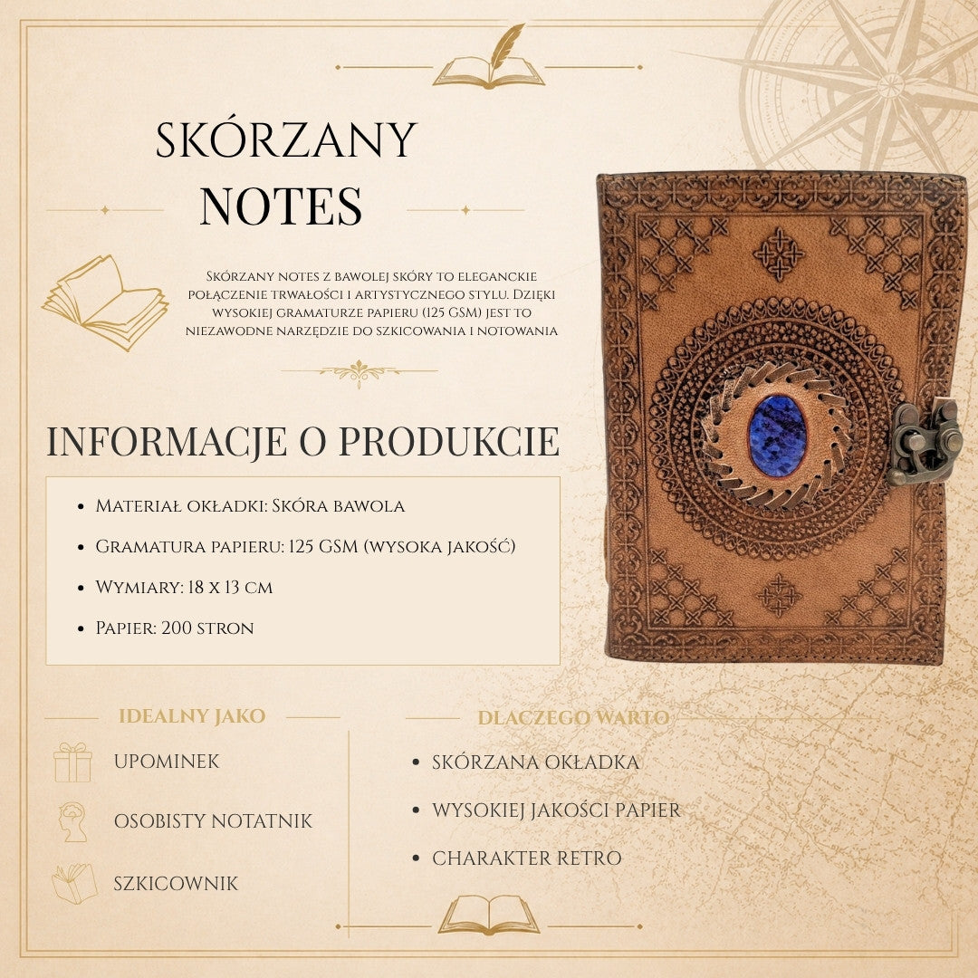 Retro kožený zápisník s kameňom - personalizovaný zápisník s gravírovaním - byvolia koža, hnedý, 18x13 cm