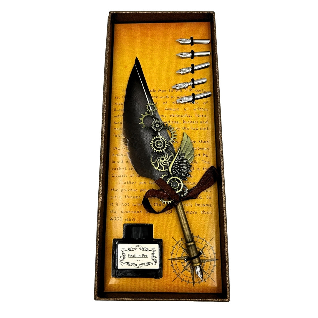 Elegantná retro súprava na kaligrafiu so sivým husím brkom, 6 hrotmi, atramentom 15ml a možnosťou personalizácie gravírovaním