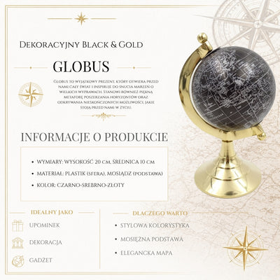 Dekoratívny glóbus Čierno-zlatý s možnosťou personalizácie gravírovania – elegantný doplnok ako darček, výška 20 cm, mosadzný podstavec, čierna mapa so striebornými nápismi