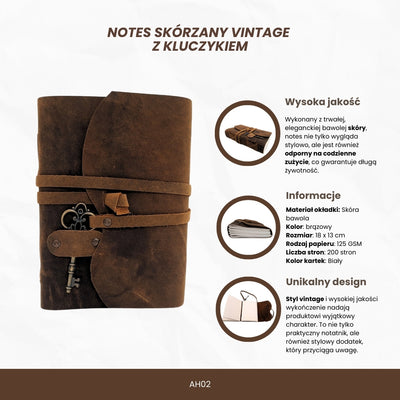 Kožený zápisník Retro s kľúčikom a remienkom 200 strán 18 x 13 cm