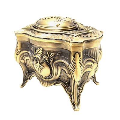 Zlatá kovová retro šperkovnica s možnosťou personalizácie gravírovaním - elegantná a bohato zdobená, ideálna ako darček - rozmery: 10,8 x 7,7 x 9,2 cm, masívna a pôsobivá, výborná na uchovávanie cenných predmetov