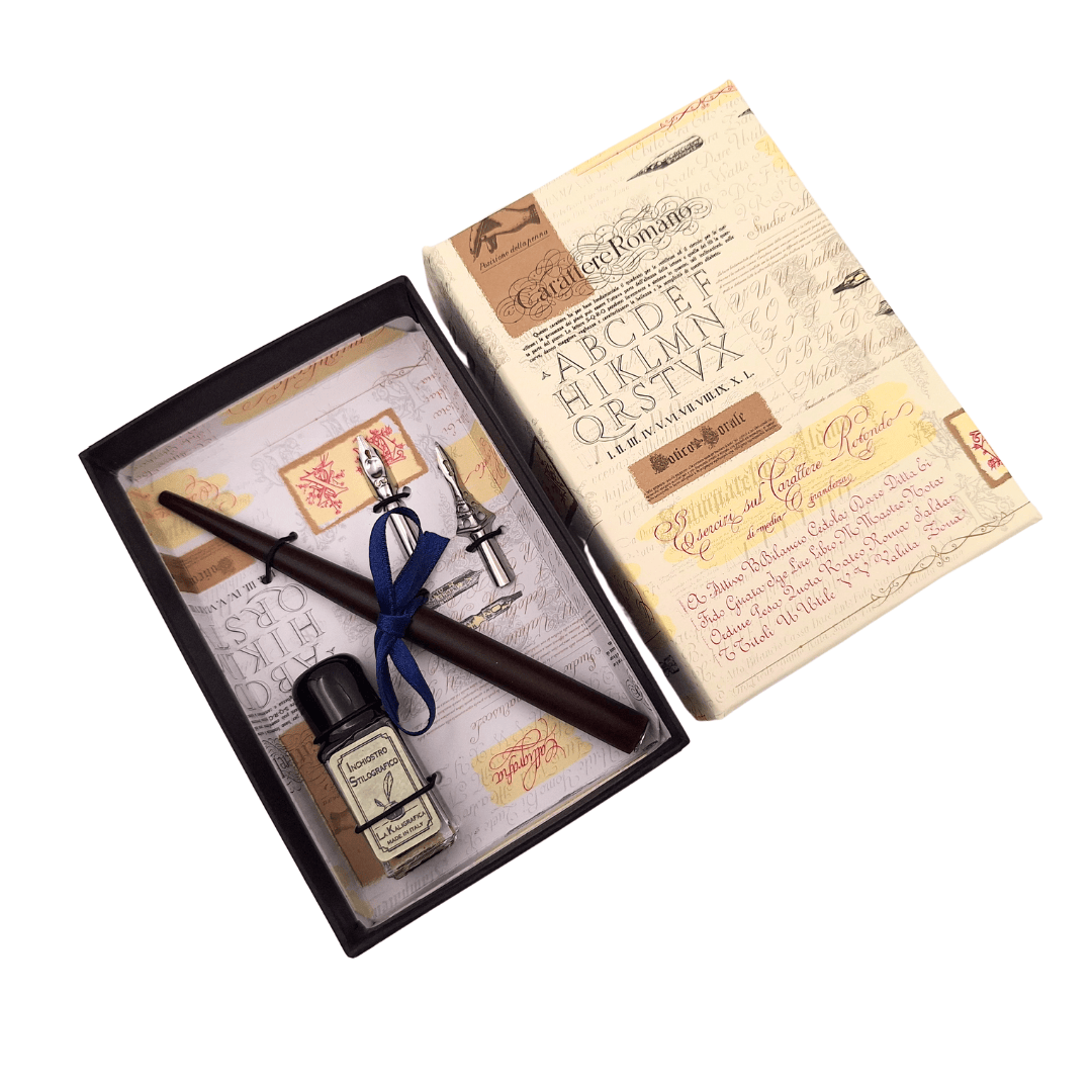 Kaligrafická súprava s personalizovaným gravírovaním - talianske pero s dvoma hrotmi a kalamárom, ideálna ako darček - elegantné balenie 12.5x8,5x3cm