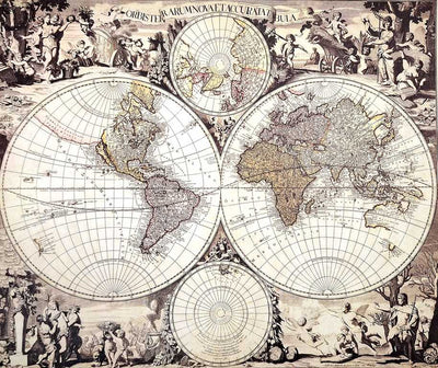 Mapa sveta 1686r. - G. Valck reprint s možnosťou personalizácie gravírovaním - ideálny darček pre historika a cestovateľa - rozmery 56,5 x 47,5 cm