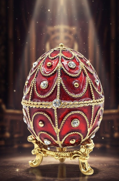 Exkluzívna kovová šperkovnica Fabergé s kryštálikmi v červeno-zlatej farbe, možnosť personalizácie gravírovaním, ideálna ako darček, rozmery 5,5x6,5cm
