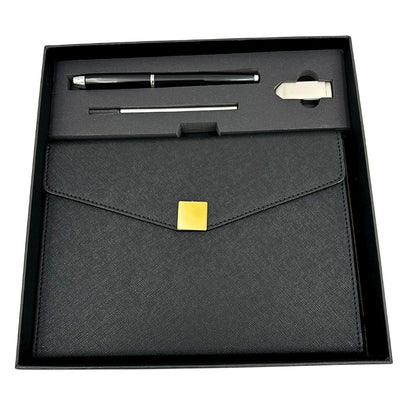 Elegancki Zestaw Prezentowy Premium z Personalizacją – Notes A5 Skórzany, Długopis i Pendrive 16GB w Czarno-Złotym Pudełku