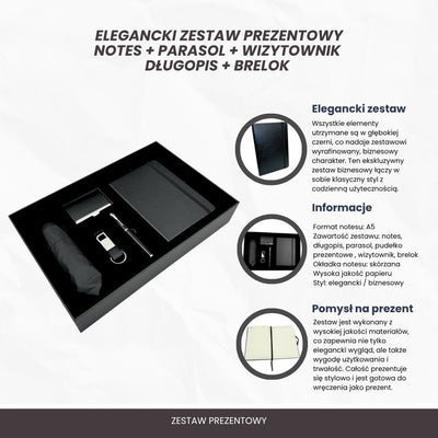 Elegantná darčeková súprava Classico s personalizáciou - kožený zápisník A5, dáždnik, pero, vizitkár a prívesok na kľúče v estetickej darčekovej krabičke