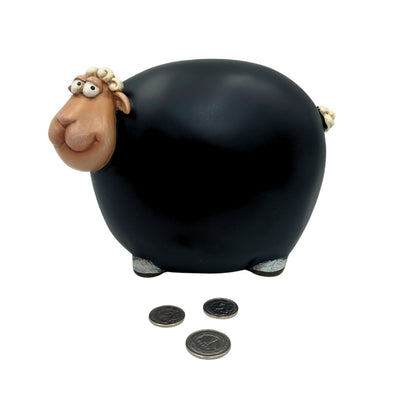 Pokladnička ovečka s tabuľovou farbou s možnosťou personalizácie – čierna s prvkami béžovej a bielej, výška 19,5 cm