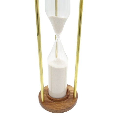 Mosadzno-drevené presýpacie hodiny 30min s možnosťou personalizácie gravírovaním - elegantný darček na každú príležitosť, výš. 30,5cm, biely piesok, klasické materiály