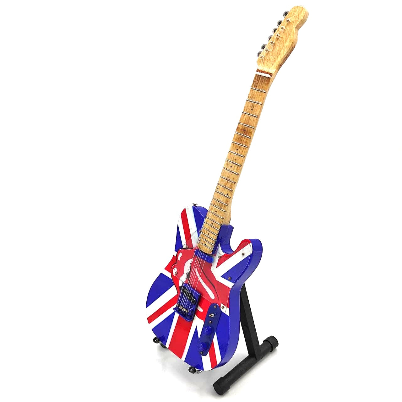 Zberateľská mini gitara Rolling Stones UK&Tongue MGT-2301B z mahagónového dreva, možnosť personalizácie gravírovaním, ideálny darček na každú príležitosť, výška 27,5 cm