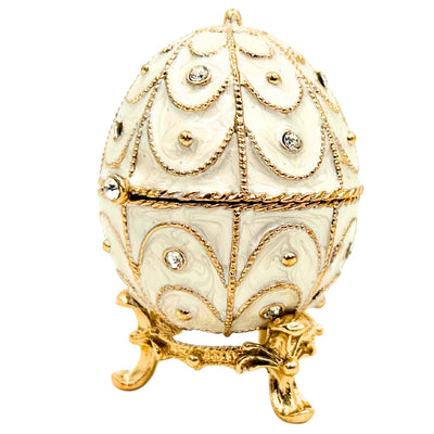 Exkluzívna kovová šperkovnica vajce Fabergé s kryštálikmi v bielo-zlatej farbe s možnosťou personalizácie gravírovaním
