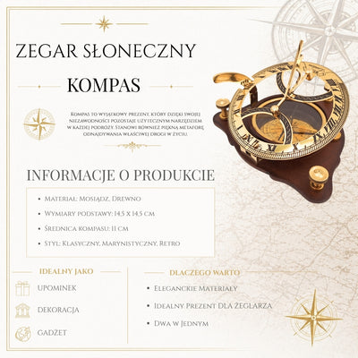 Elegantný mosadzný kompas so slnečnými hodinami na drevenej základni C064 s možnosťou personalizácie gravírovaním