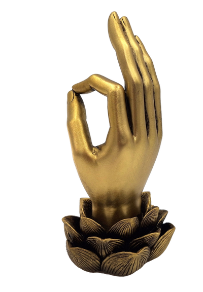 Zlatá figúrka Ruka Budhu Mudra OM s gravírovaním - elegantná dekorácia ako darček - lotosový kvet, 21cm, polyresin, štýl glamour