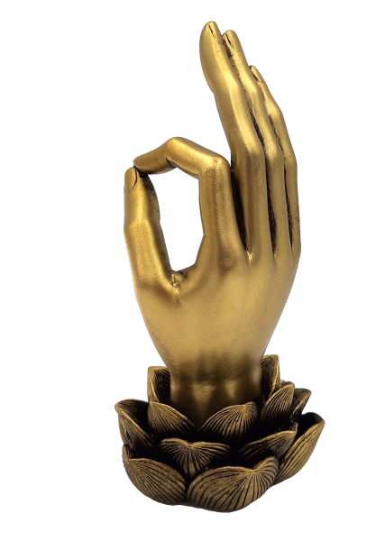Zlatá figúrka Ruka Budhu Mudra OM s gravírovaním - elegantná dekorácia ako darček - lotosový kvet, 21cm, polyresin, štýl glamour