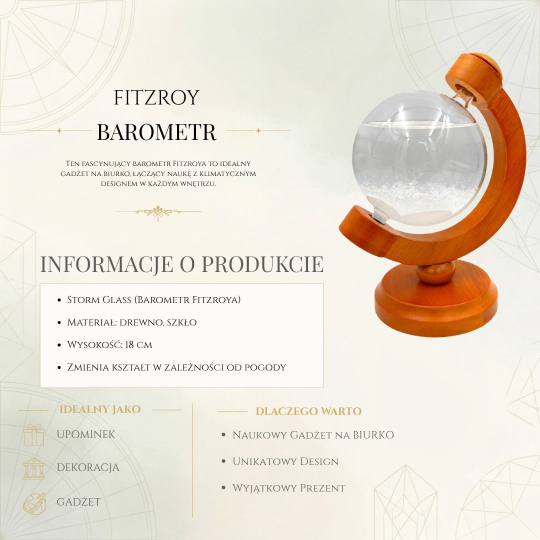 Barometr Burzowy Fitzroya Globus z Możliwością Grawerowania - Elegancka Dekoracja Biurka w Szkło i Drewno, Wysokość 18,5 cm