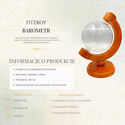 Barometr Burzowy Fitzroya Globus z Możliwością Grawerowania - Elegancka Dekoracja Biurka w Szkło i Drewno, Wysokość 18,5 cm