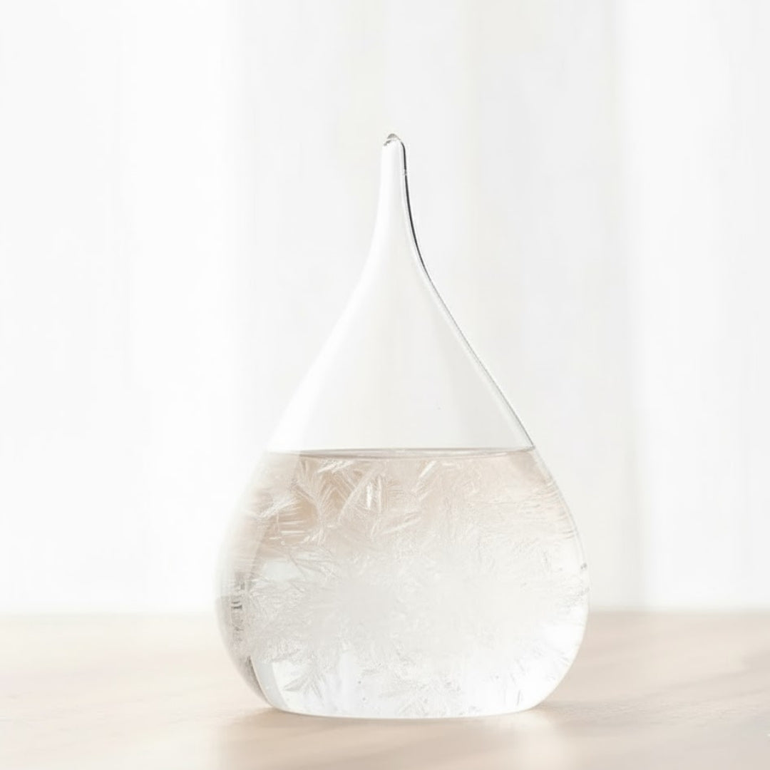 Búrkový barometer Fitzroya – kvapka Storm Glass s možnosťou personalizácie gravírovaním – elegantný darček v tvare kvapky, výška 11 cm, sklenená nádoba s jedinečnými kryštálmi reagujúcimi na zmeny počasia