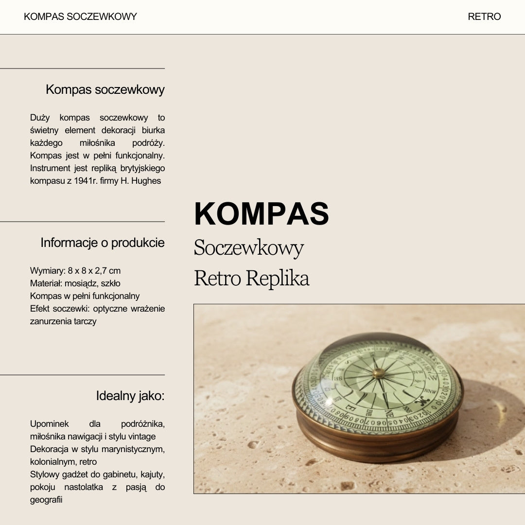 Mosadzný retro šošovkový kompas replika s gravírovaním – personalizovaný darček pre cestovateľa, námornícky štýl, rozmery 8x8x2,7 cm, mosadz a sklo, inšpiratívne príslovie