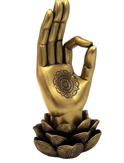 Zlatá figúrka Ruka Budhu Mudra OM s gravírovaním - elegantná dekorácia ako darček - lotosový kvet, 21cm, polyresin, štýl glamour
