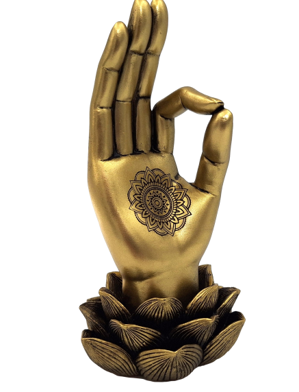 Zlatá figúrka Ruka Budhu Mudra OM s gravírovaním - elegantná dekorácia ako darček - lotosový kvet, 21cm, polyresin, štýl glamour