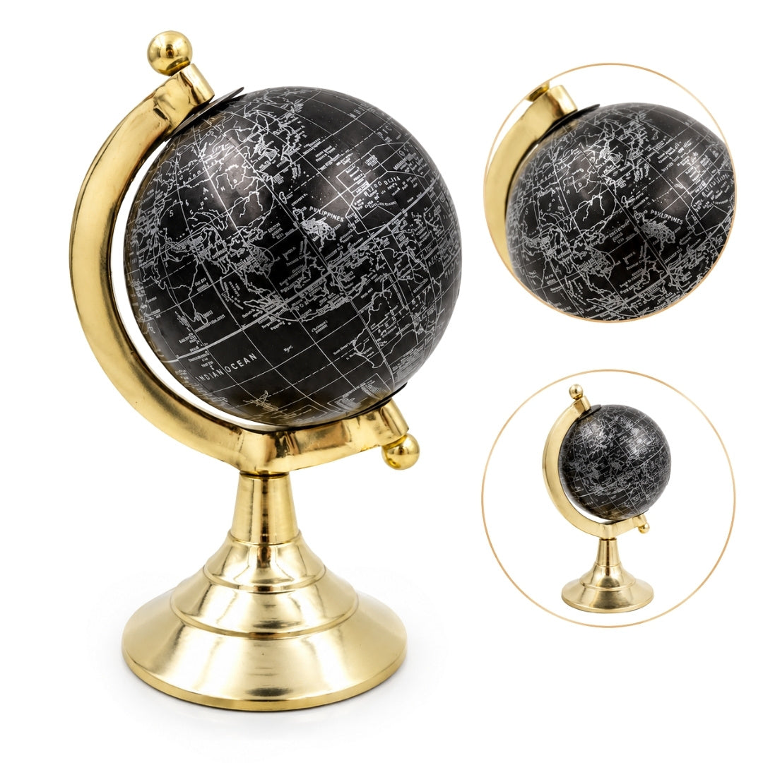 Dekoratívny glóbus Čierno-zlatý s možnosťou personalizácie gravírovania – elegantný doplnok ako darček, výška 20 cm, mosadzný podstavec, čierna mapa so striebornými nápismi