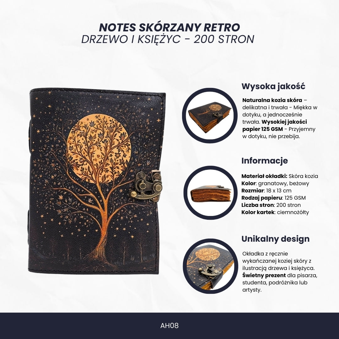 Kožený zápisník Vintage Retro Strom a Mesiac 200 strán s možnosťou personalizácie gravírovaním