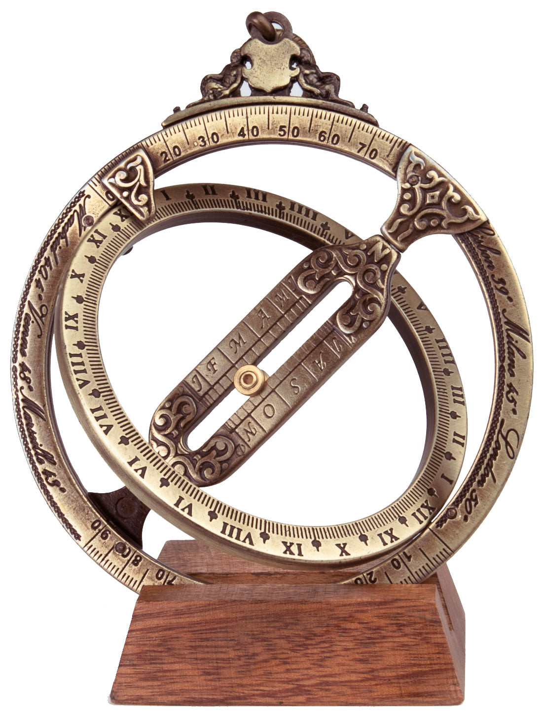 Slnečné hodiny H21 s astronomickými prstencami, personalizované gravírovaním, elegantný darček na písací stôl, výška 12 cm, mosadz a zamak