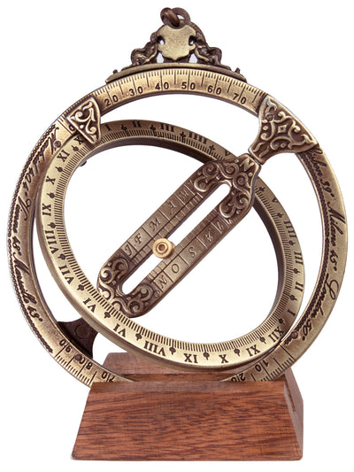 Slnečné hodiny H21 s astronomickými prstencami, personalizované gravírovaním, elegantný darček na písací stôl, výška 12 cm, mosadz a zamak