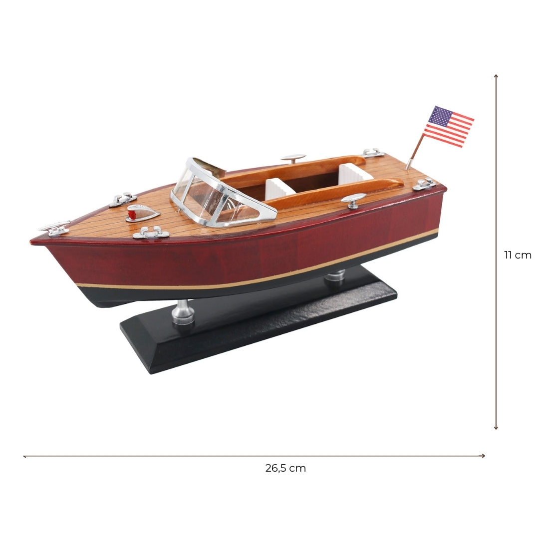 Model drevenej motorovej lode s gravírovaním – klasický motorový čln 26cm v hlbokých tónoch dreva