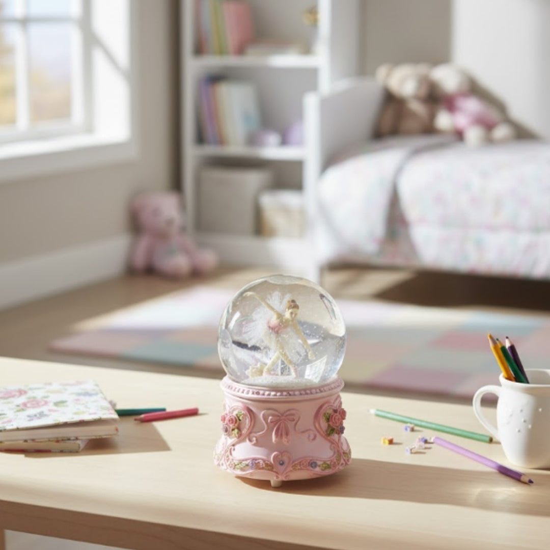 Tancujúca baletka v sklenenej guli 15cm s personalizovaným gravírovaním - elegantná hracia skrinka s pastelovou základňou a melódiou Labutie jazero