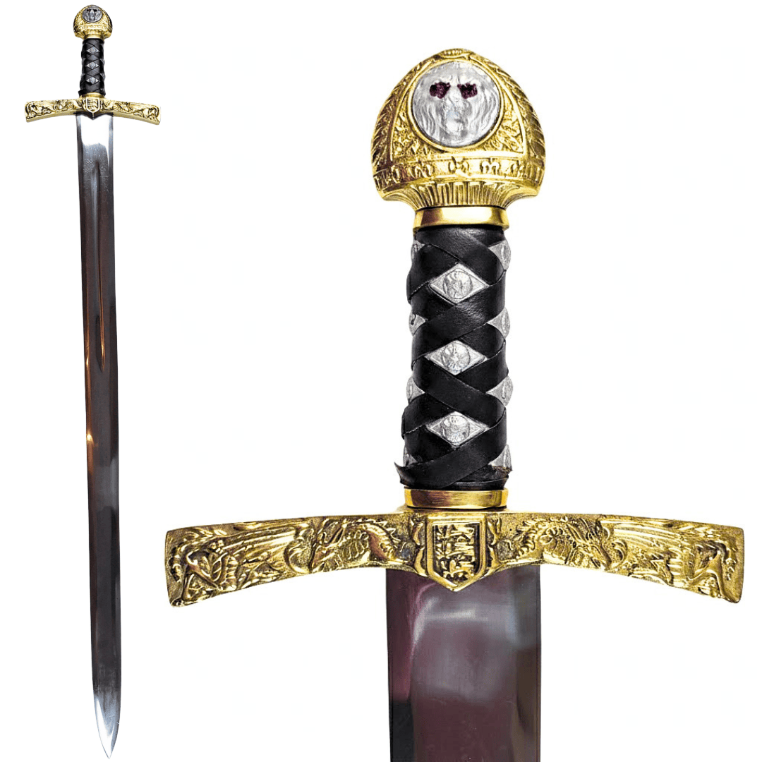 Replika meča Excalibur kráľa Artuša s gravírovaním – 98,5 cm, oceľová čepeľ, mosadzná rukoväť