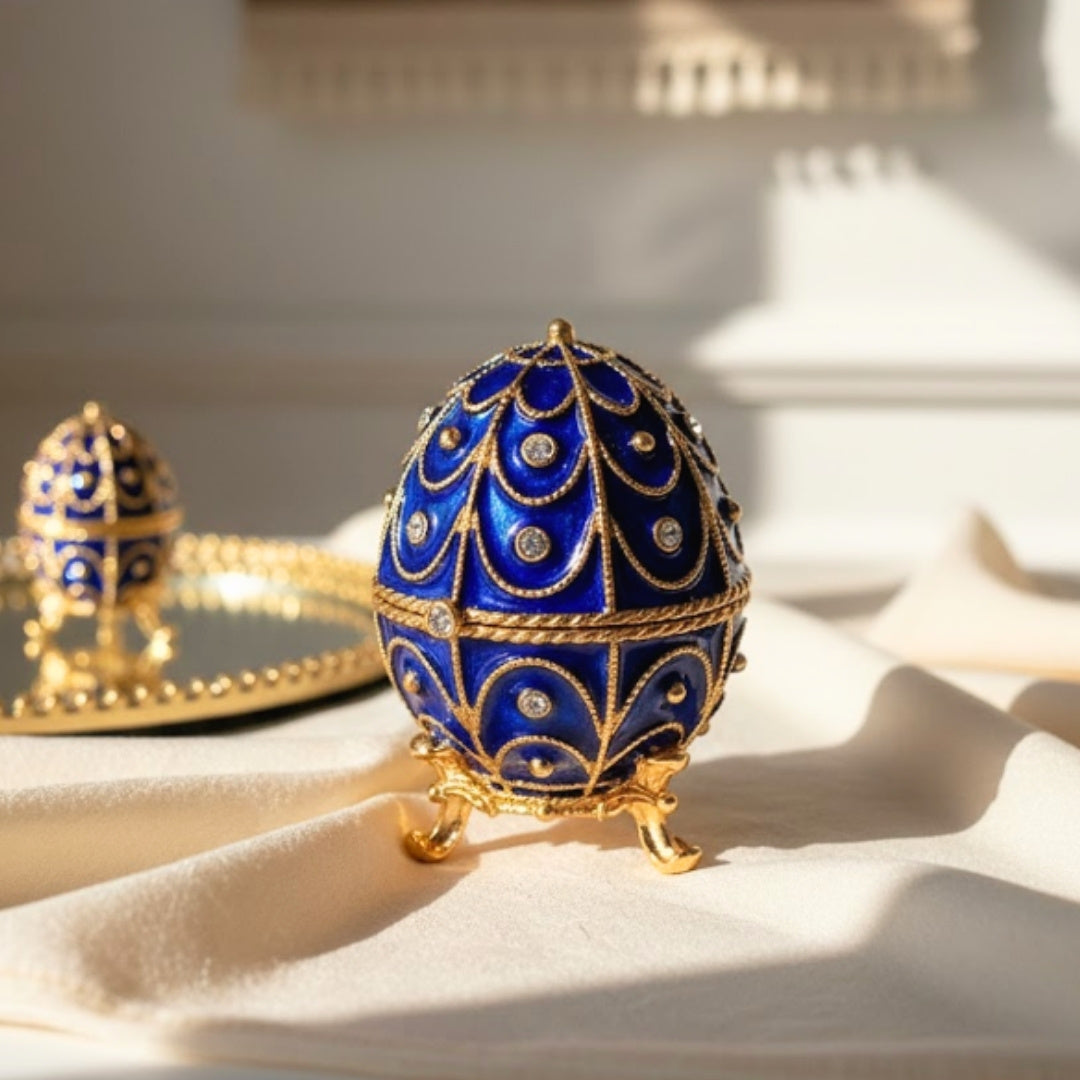 Exkluzívna kovová šperkovnica s kryštálikmi v tvare Fabergého vajíčka, tmavomodro-zlatá, 5,5x6,5cm s možnosťou personalizácie gravírovaním