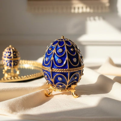 Exkluzívna kovová šperkovnica s kryštálikmi v tvare Fabergého vajíčka, tmavomodro-zlatá, 5,5x6,5cm s možnosťou personalizácie gravírovaním