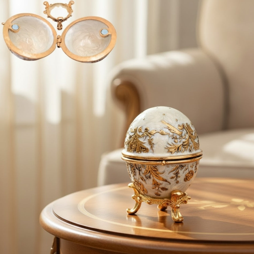 Exkluzívna kovová šperkovnica vajce Fabergé s kryštálikmi v bielo-zlatej farbe s možnosťou personalizácie gravírovaním