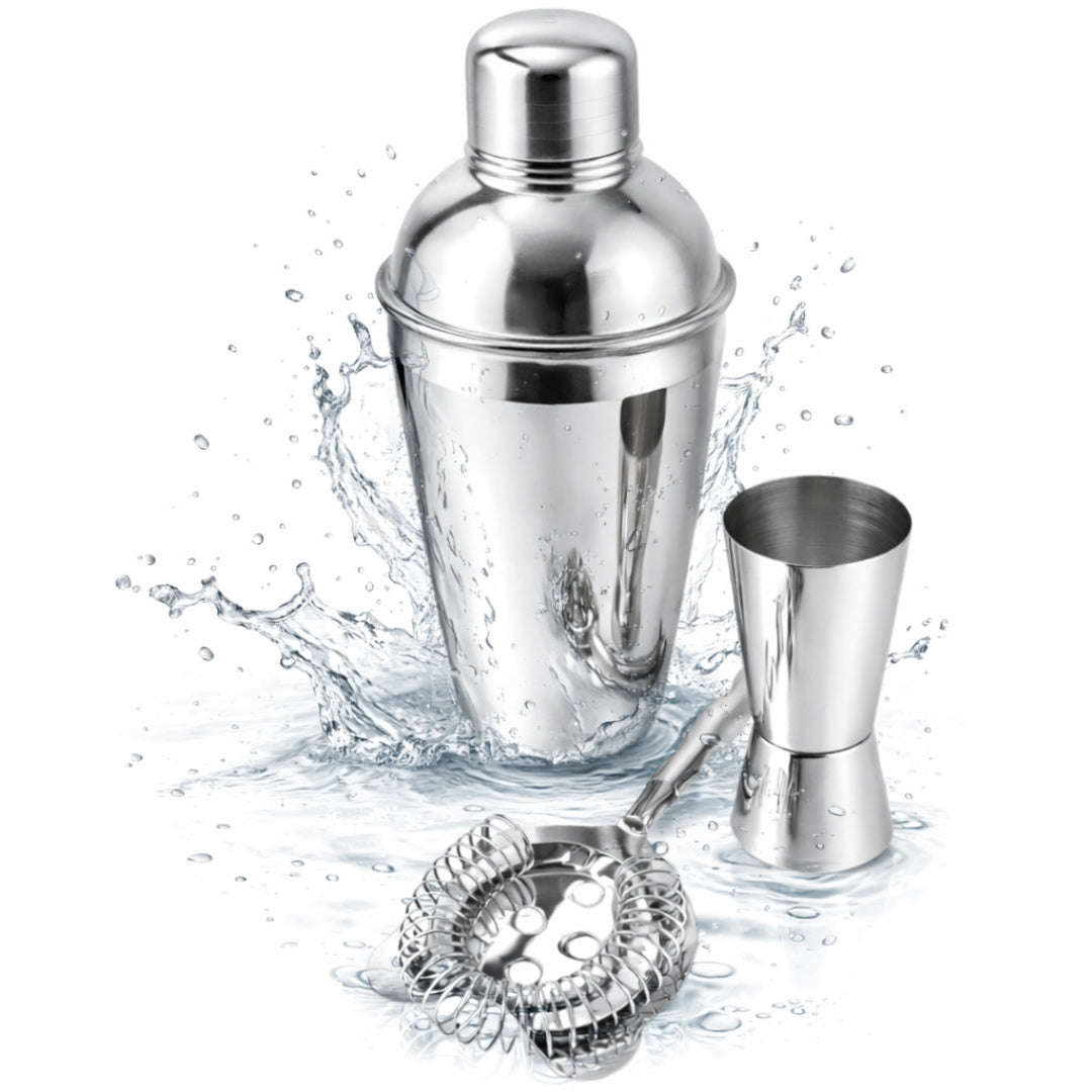 Barmanská súprava Steel, 3 diely, s možnosťou personalizácie gravírovaním - šejker 750 ml, jigger 15/30 ml, strainer - elegantný darček pre milovníkov drinkov, nehrdzavejúca oceľ, strieborná farba