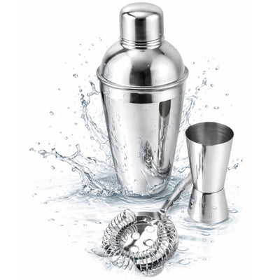 Barmanská súprava Steel, 3 diely, s možnosťou personalizácie gravírovaním - šejker 750 ml, jigger 15/30 ml, strainer - elegantný darček pre milovníkov drinkov, nehrdzavejúca oceľ, strieborná farba