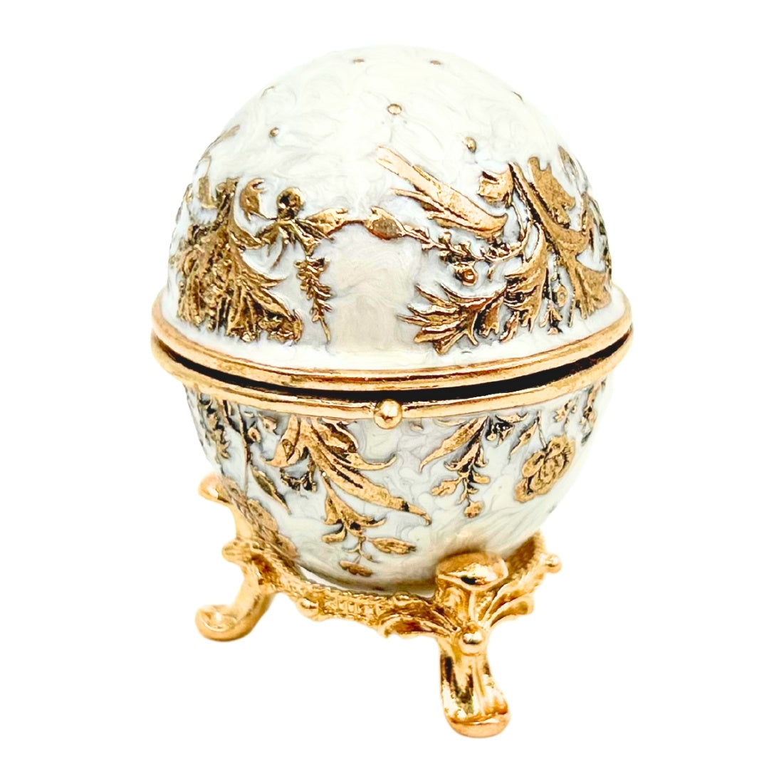 Exkluzívna kovová šperkovnica vajce Fabergé s kryštálikmi v bielo-zlatej farbe s možnosťou personalizácie gravírovaním