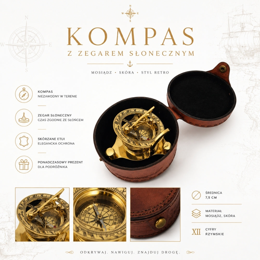 Mosadzný kompas so slnečnými hodinami v koženom puzdre s možnosťou personalizácie gravírovaním