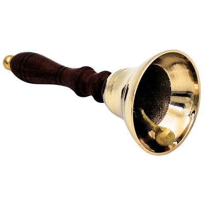 Dzwonek Ręczny Mosiężny z Drewnianą Rączką w Stylu Retro – Personalizowany Grawer, Idealny na Prezent – Wysokość 16 cm, Średnica 7,5 cm, Złoty i Brązowy