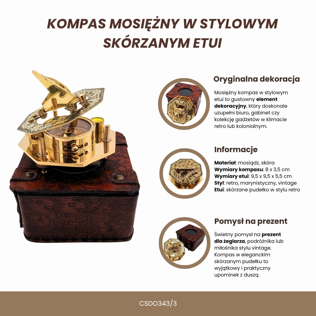 Mosiężny Kompas w Stylowym Skórzanym Pudełku z Możliwością Grawerunku – Retro Vintage Prezent dla Podróżnika, Żeglarza - 8 cm Wysokości, Elegancki Design z Mosiądzu