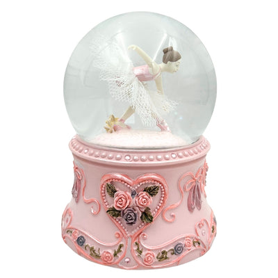Tancujúca baletka v sklenenej guli 15cm s personalizovaným gravírovaním - elegantná hracia skrinka s pastelovou základňou a melódiou Labutie jazero