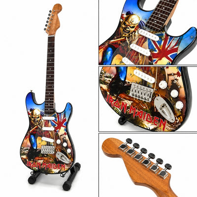 Mini dekoratívna gitara Iron Maiden „The Trooper“ z mahagónu – ručne vyrobená ozdoba pre fanúšikov hudby