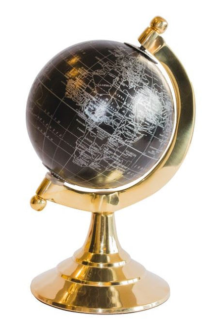 Dekoratívny glóbus Čierno-zlatý s možnosťou personalizácie gravírovania – elegantný doplnok ako darček, výška 20 cm, mosadzný podstavec, čierna mapa so striebornými nápismi