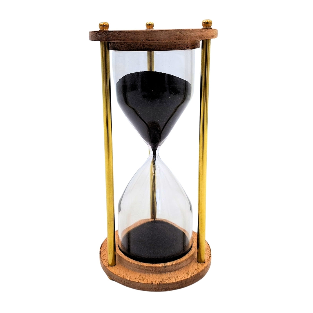Klepsydra Mosiężno-Drewniana 5 minut z Personalizowanym Grawerem – Elegancka Dekoracja Retro na Prezent – Wysokość 15,5 cm, Czarny Piasek, Mosiądz i Drewno