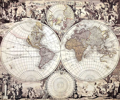Mapa sveta 1686r. - G. Valck reprint s možnosťou personalizácie gravírovaním - ideálny darček pre historika a cestovateľa - rozmery 56,5 x 47,5 cm